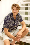 Mariner All Over Leaf Embroidery Camp Collar Shirt - Navy Blazer
