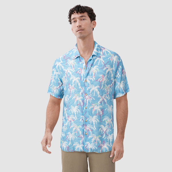 Billy Flamingo Rayon Camp Shirt - Blue Combo